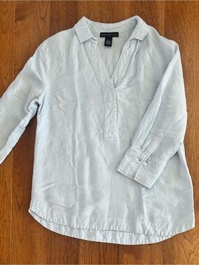 Joan Vass White Linen Blend Tunic Blouse Medium. Powder Blue